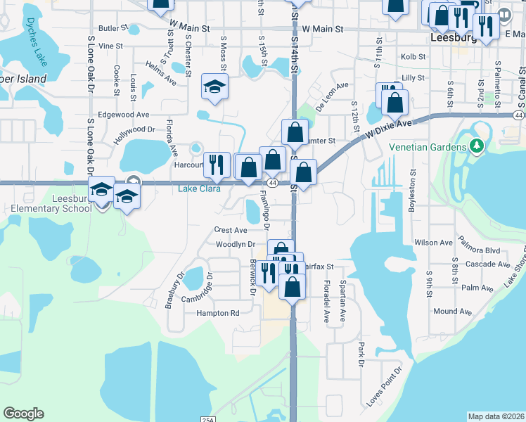 map of restaurants, bars, coffee shops, grocery stores, and more near 1003 Flamingo Drive in Leesburg