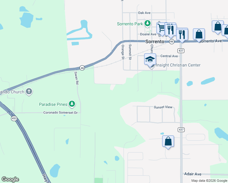map of restaurants, bars, coffee shops, grocery stores, and more near 23404 Hobdy Road in Sorrento