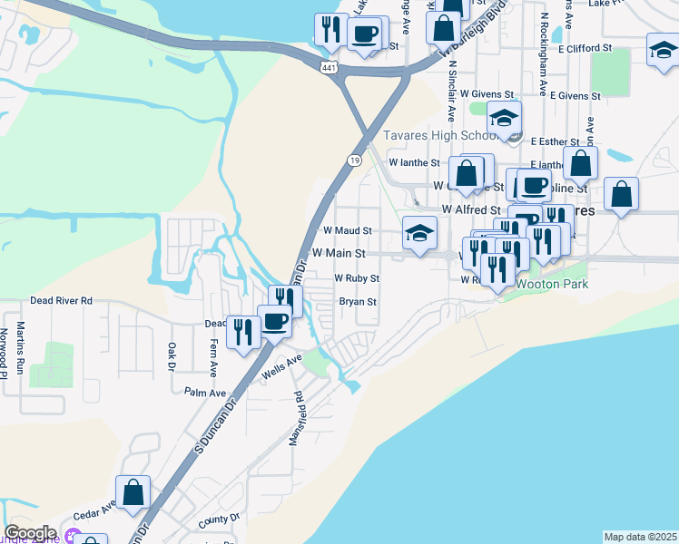 map of restaurants, bars, coffee shops, grocery stores, and more near 117 South Lake Avenue in Tavares