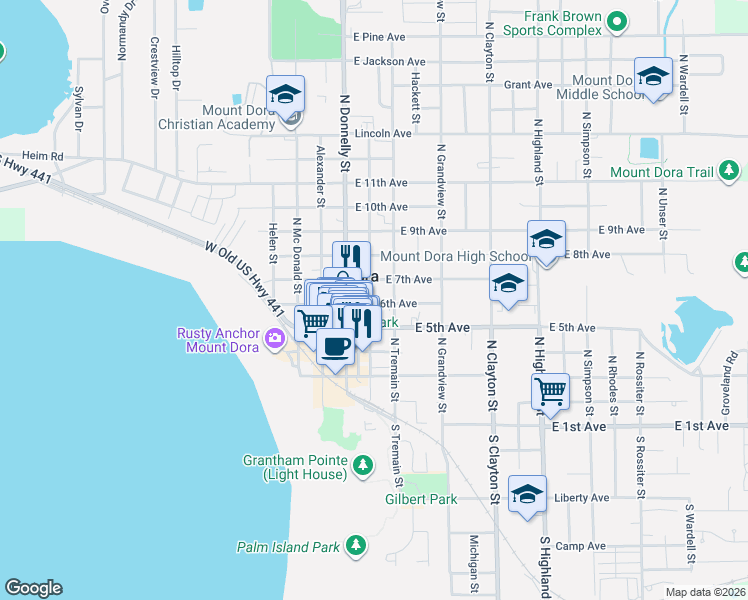 map of restaurants, bars, coffee shops, grocery stores, and more near 608 North Baker Street in Mount Dora