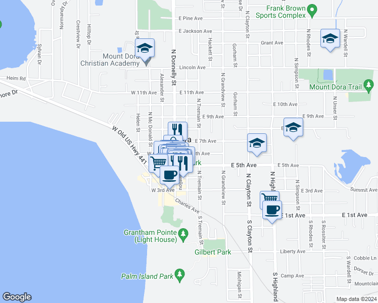 map of restaurants, bars, coffee shops, grocery stores, and more near 608 North Baker Street in Mount Dora