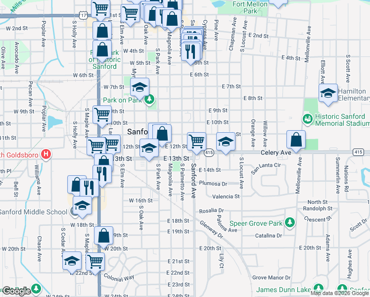 map of restaurants, bars, coffee shops, grocery stores, and more near 1201 South Palmetto Avenue in Sanford