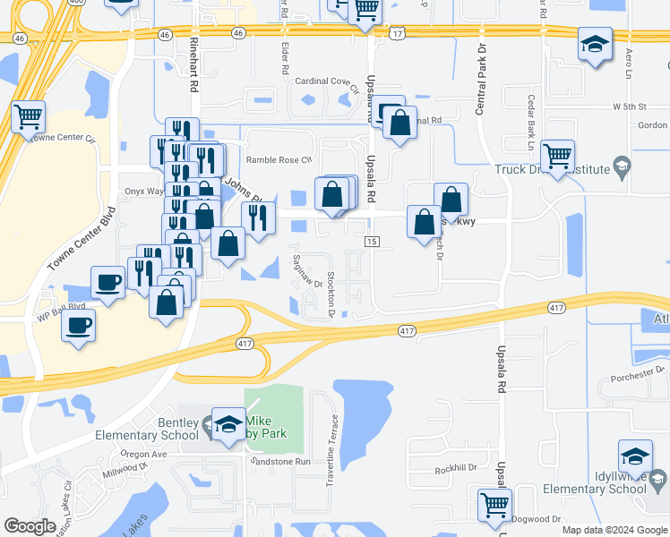 map of restaurants, bars, coffee shops, grocery stores, and more near 2121 Stockton Drive in Sanford