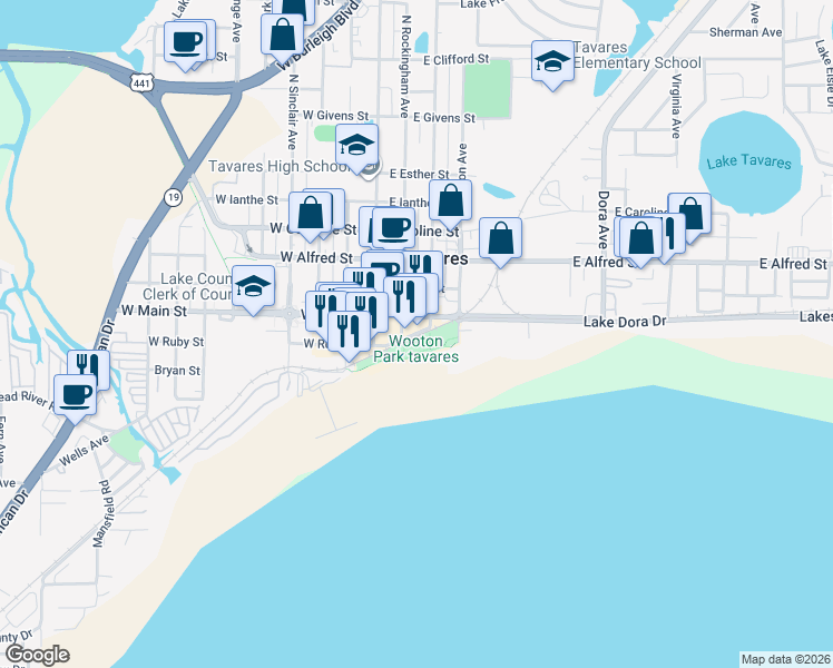 map of restaurants, bars, coffee shops, grocery stores, and more near 306 East Ruby Street in Tavares
