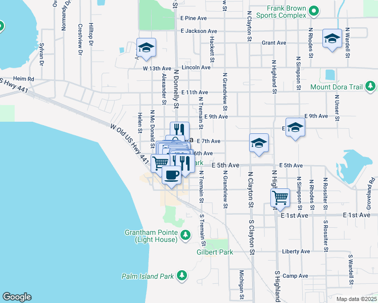 map of restaurants, bars, coffee shops, grocery stores, and more near 608 North Baker Street in Mount Dora