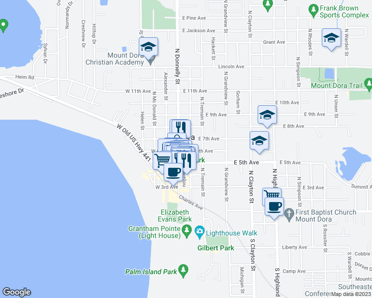 map of restaurants, bars, coffee shops, grocery stores, and more near 608 North Baker Street in Mount Dora