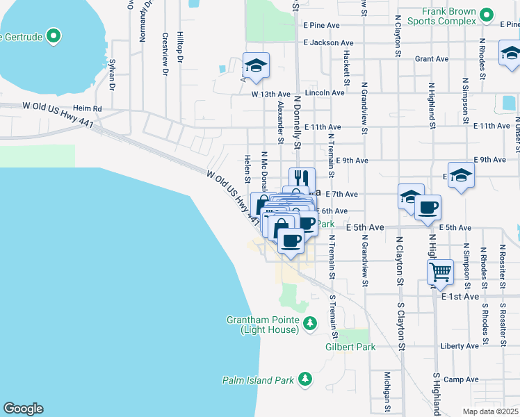 map of restaurants, bars, coffee shops, grocery stores, and more near 217 West 6th Avenue in Mount Dora