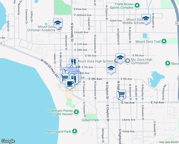 map of restaurants, bars, coffee shops, grocery stores, and more near 357 East 6th Avenue in Mount Dora
