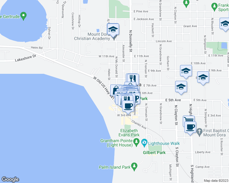 map of restaurants, bars, coffee shops, grocery stores, and more near 217 West 6th Avenue in Mount Dora