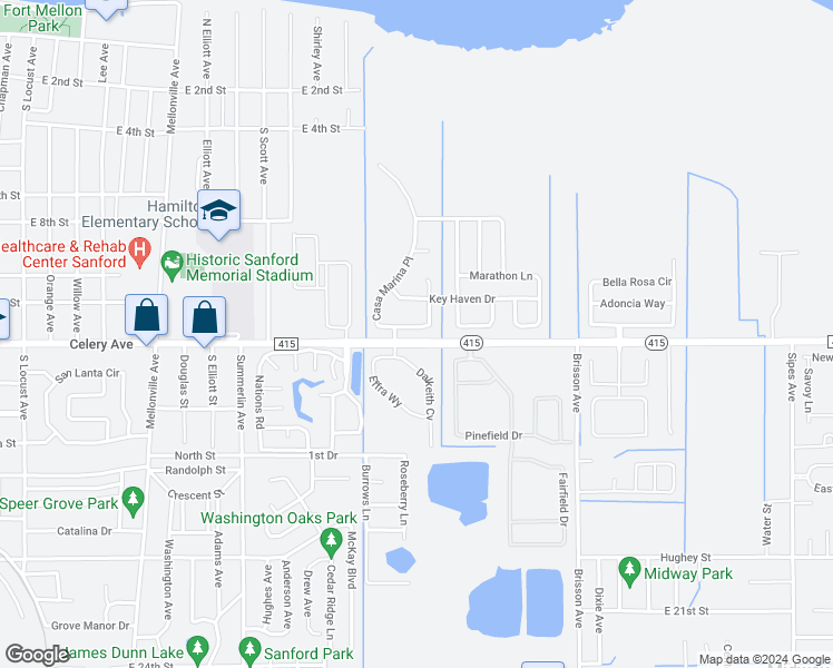 map of restaurants, bars, coffee shops, grocery stores, and more near 516 Casa Marina Place in Sanford