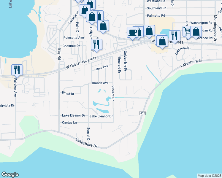 map of restaurants, bars, coffee shops, grocery stores, and more near 665 Vincent Drive in Mount Dora