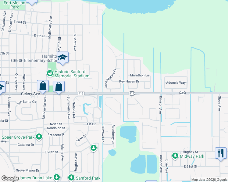 map of restaurants, bars, coffee shops, grocery stores, and more near 508 Casa Marina Place in Sanford