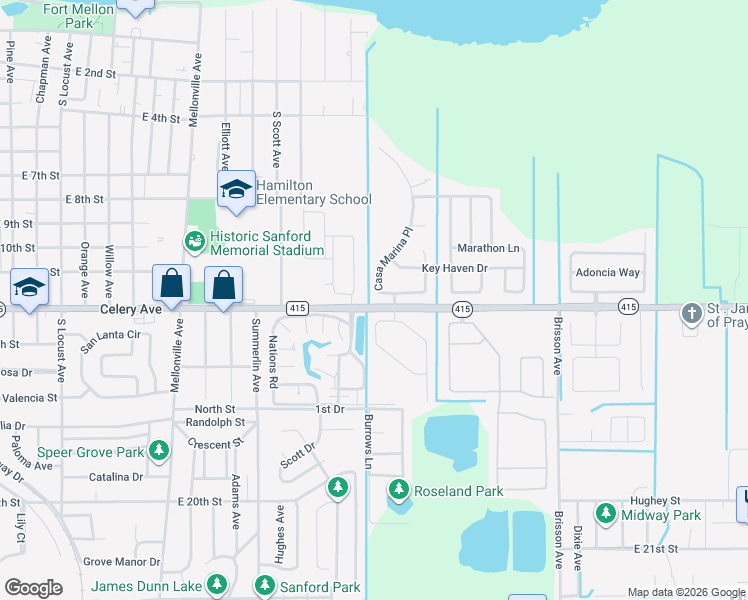 map of restaurants, bars, coffee shops, grocery stores, and more near 444 Casa Marina Place in Sanford