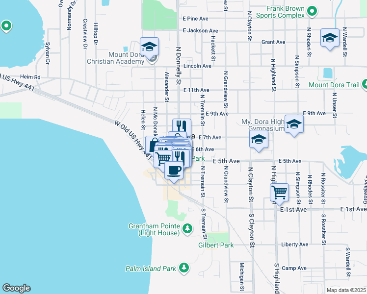 map of restaurants, bars, coffee shops, grocery stores, and more near 145 East 6th Avenue in Mount Dora