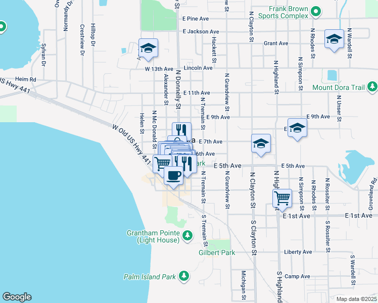 map of restaurants, bars, coffee shops, grocery stores, and more near 145 East 6th Avenue in Mount Dora