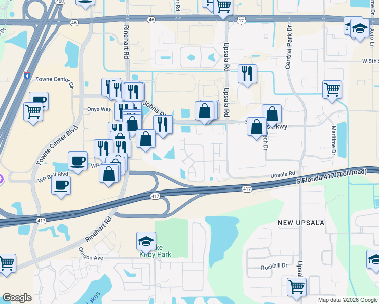 map of restaurants, bars, coffee shops, grocery stores, and more near 1141 Washburn Court in Sanford