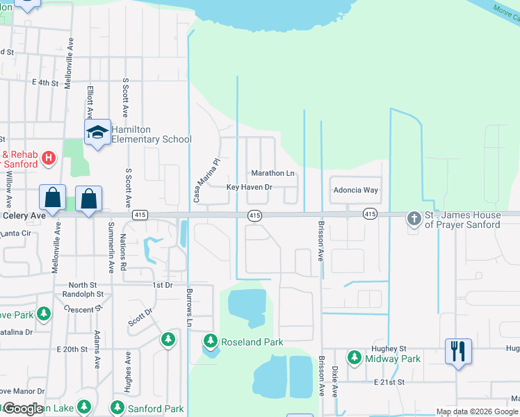 map of restaurants, bars, coffee shops, grocery stores, and more near 344 Conch Key Way in Sanford