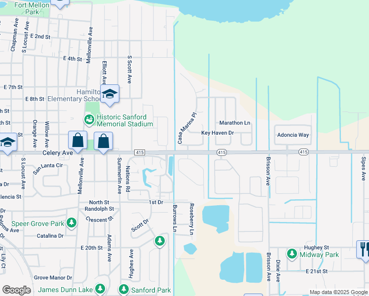 map of restaurants, bars, coffee shops, grocery stores, and more near 456 Casa Marina Place in Sanford