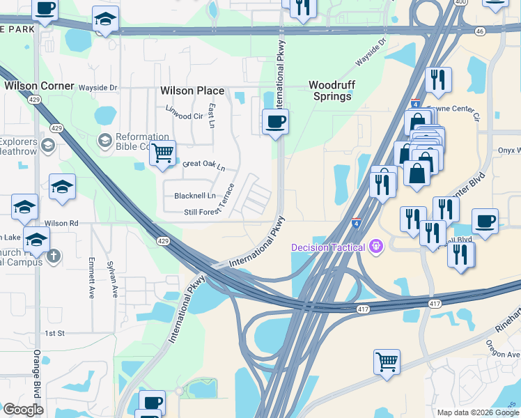map of restaurants, bars, coffee shops, grocery stores, and more near 459 Ellis Square Court in Sanford