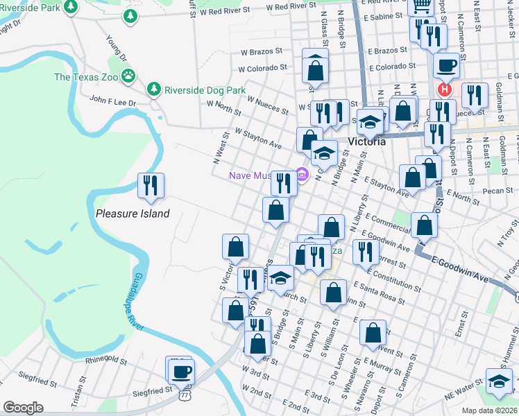 map of restaurants, bars, coffee shops, grocery stores, and more near 506 West Forrest Street in Victoria