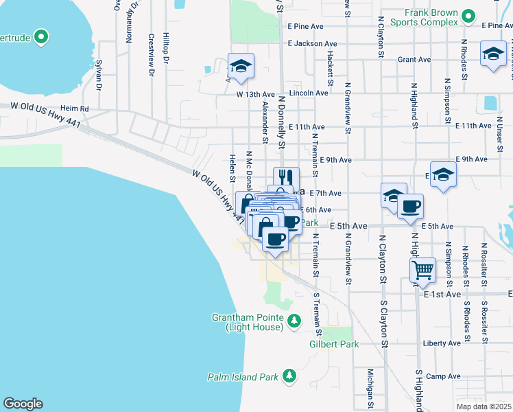 map of restaurants, bars, coffee shops, grocery stores, and more near 217 West 6th Avenue in Mount Dora