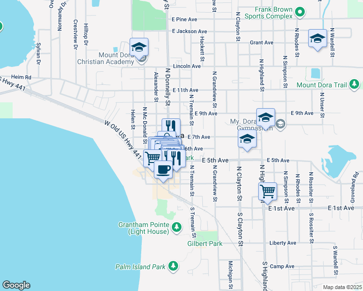 map of restaurants, bars, coffee shops, grocery stores, and more near 612 North Baker Street in Mount Dora