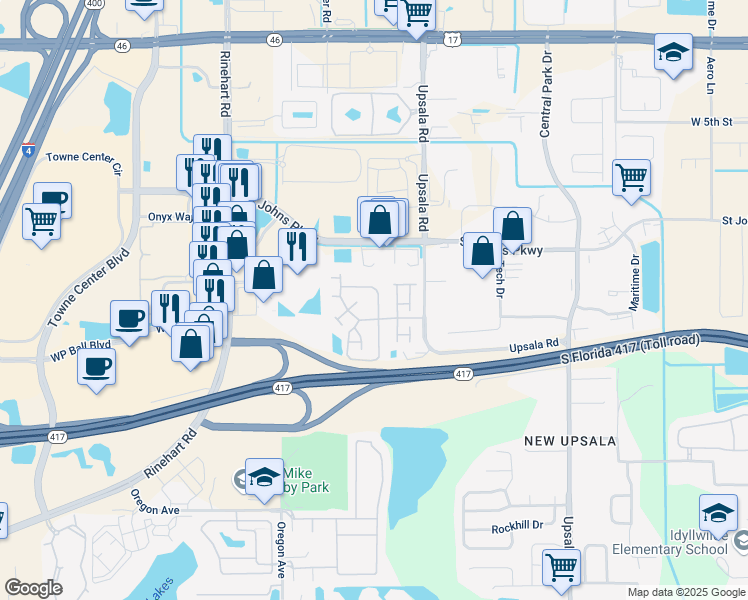map of restaurants, bars, coffee shops, grocery stores, and more near 2130 Stockton Drive in Sanford