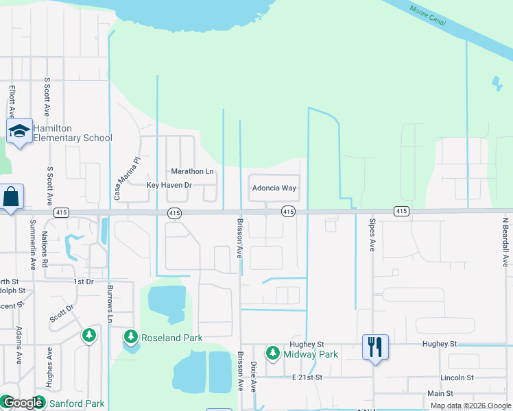 map of restaurants, bars, coffee shops, grocery stores, and more near 513 Bella Rosa Circle in Sanford