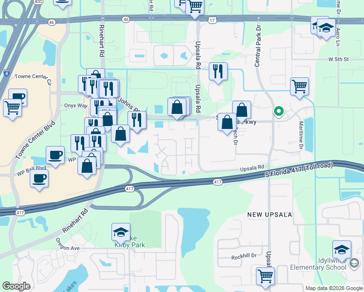 map of restaurants, bars, coffee shops, grocery stores, and more near 1012 Berkman Circle in Sanford
