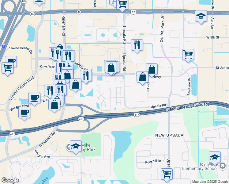 map of restaurants, bars, coffee shops, grocery stores, and more near 1012 Berkman Circle in Sanford