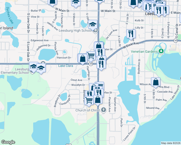 map of restaurants, bars, coffee shops, grocery stores, and more near 1003 Flamingo Drive in Leesburg