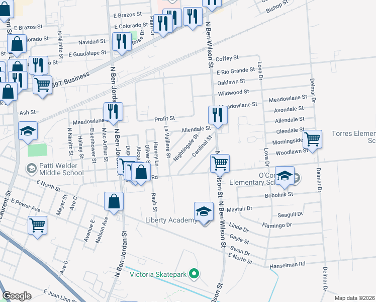 map of restaurants, bars, coffee shops, grocery stores, and more near 2601 Nightingale Street in Victoria