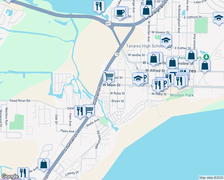 map of restaurants, bars, coffee shops, grocery stores, and more near 111 South Lake Avenue in Tavares