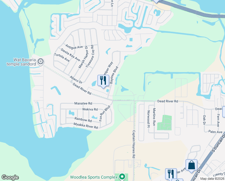 map of restaurants, bars, coffee shops, grocery stores, and more near 110 Baytree Boulevard in Tavares