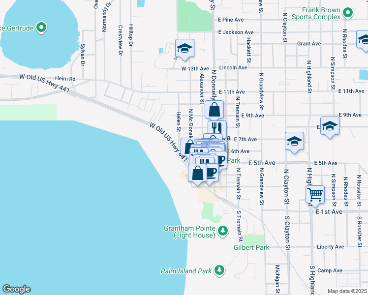 map of restaurants, bars, coffee shops, grocery stores, and more near 601 McDonald Street in Mount Dora