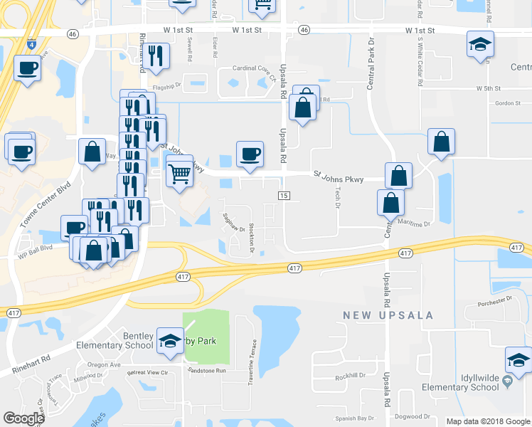 map of restaurants, bars, coffee shops, grocery stores, and more near 1324 Berkman Circle in Sanford