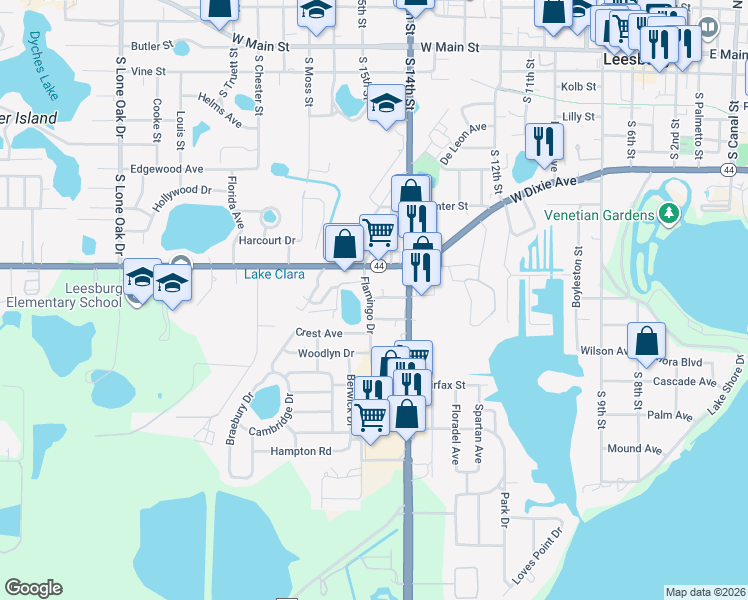 map of restaurants, bars, coffee shops, grocery stores, and more near 1003 Flamingo Drive in Leesburg