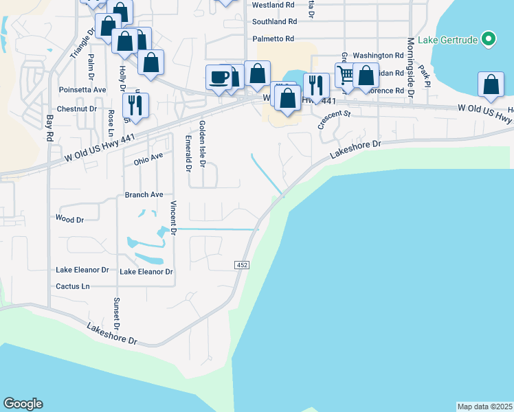 map of restaurants, bars, coffee shops, grocery stores, and more near 3030 Laurel Drive in Mount Dora