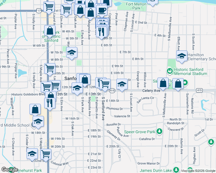 map of restaurants, bars, coffee shops, grocery stores, and more near 1120 Cypress Avenue in Sanford
