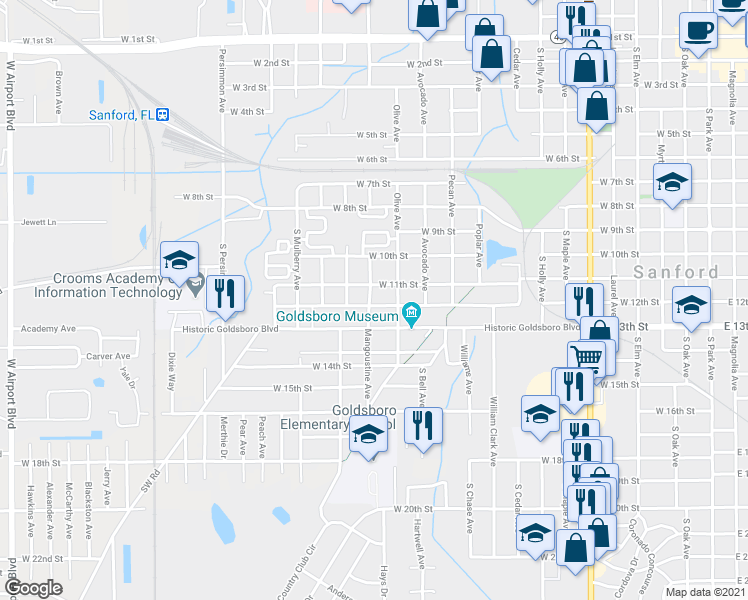 map of restaurants, bars, coffee shops, grocery stores, and more near 1307 West 12th Street in Sanford