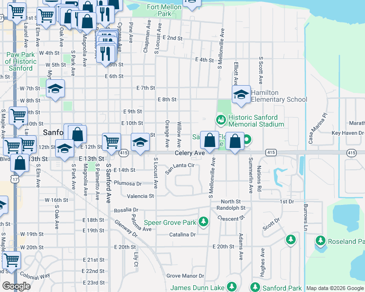 map of restaurants, bars, coffee shops, grocery stores, and more near 1002 Celery Avenue in Sanford