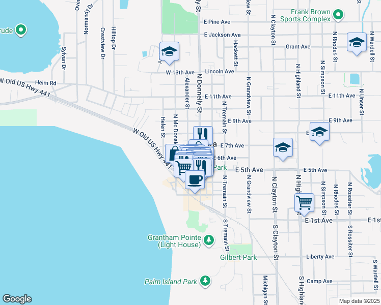map of restaurants, bars, coffee shops, grocery stores, and more near 614 Alexander Street in Mount Dora