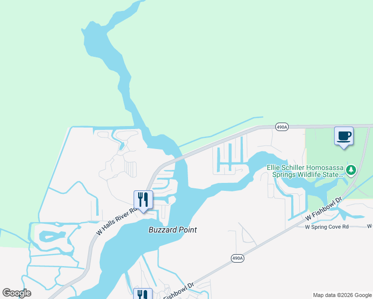 map of restaurants, bars, coffee shops, grocery stores, and more near 10139 State Highway 490A in Homosassa