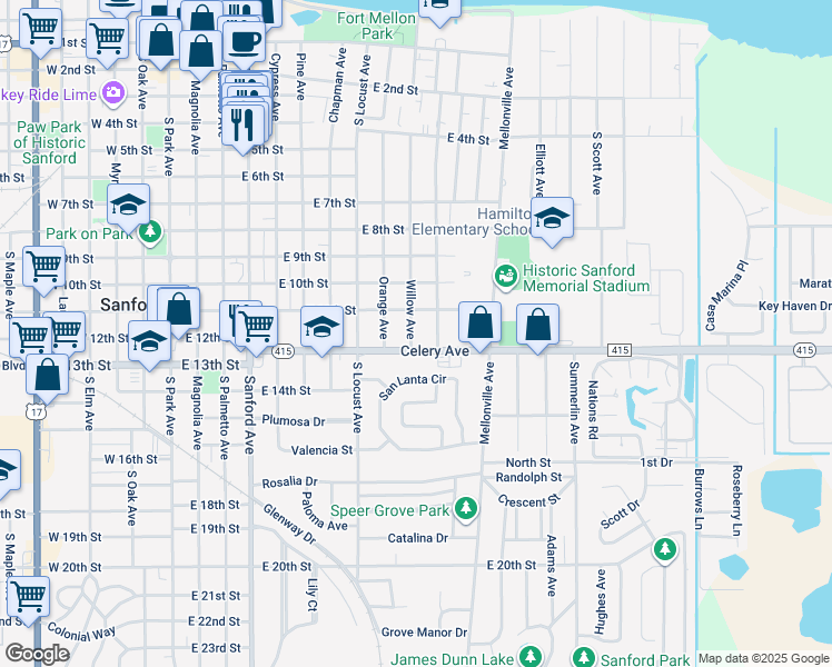 map of restaurants, bars, coffee shops, grocery stores, and more near 1002 Celery Avenue in Sanford