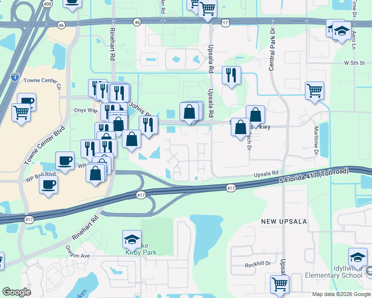 map of restaurants, bars, coffee shops, grocery stores, and more near 1180 Washburn Court in Sanford
