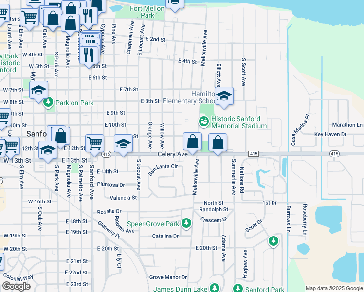 map of restaurants, bars, coffee shops, grocery stores, and more near 1101 South Bay Avenue in Sanford