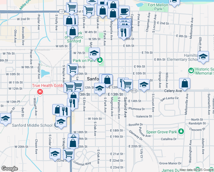 map of restaurants, bars, coffee shops, grocery stores, and more near 1119 South Park Avenue in Sanford
