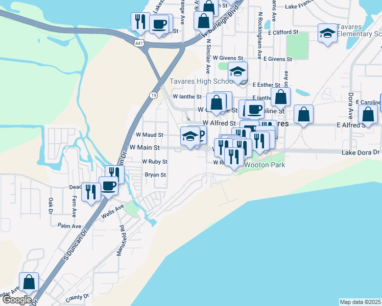 map of restaurants, bars, coffee shops, grocery stores, and more near 551 West Main Street in Tavares
