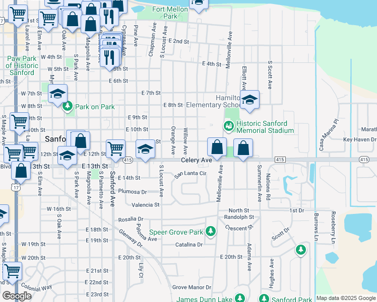 map of restaurants, bars, coffee shops, grocery stores, and more near 1002 Celery Avenue in Sanford