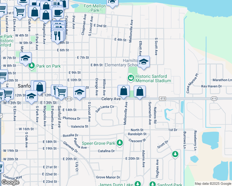 map of restaurants, bars, coffee shops, grocery stores, and more near 1101 South Bay Avenue in Sanford